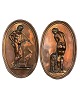 Two charming oval plaques for wall hanging made of copper with classic motifs of a woman and a man with a hunting dog, Venus and Mars