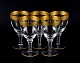 Rimpler Kristall, Zwiesel, Germany, five hand blown crystal red wine glasses with gold rim decorated with grapes and vine leaves.