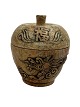 Chinese miniature lidded container with dragon, flaming sun, script, Yin and Yang sign carved in soapstone. Signed. 20th century.
