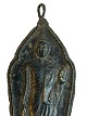 Handmade, old Buddha pendant, house altar figure made of leather/wood, varnish and string with motif of walking Buddha. Phra Leela (Walking Buddha). Probably Thailand.