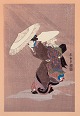 Fujimaro Kitagawa (1790-1850). Træsnit på japanpair. Snelandskab med kvinde I traditionelle klæder bærende på barn.