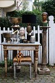 Antique Louis XVI console table with scraped original colour, gold-plated decorations and gray marbled top...