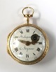 Larpent & Jürgensen (1773-1814). Guld herrelommeur 18K (to farvet). Diameter 42 mm. Urværk virker. Der er reparation ved optrækket i urskiven. (se foto)