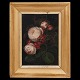 Signeret I. L. Jensen blomstermaleri. Johan Laurentz Jensen, 1800-56, olie på lærred på træplade. Stilleben med roser. Signeret "I. L. Jensen" ca. år 1830-40. Lysmål: 20x14,5cm. Med ramme: 29x23,5cm