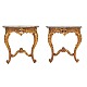 Pair of Danish gilt Rococo Consoles with marble imitated tops. Denmark circa 1760. H: 71cm. Top: 71x32cm