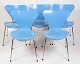 Sæt Af 5 Spisebordsstole - Model 3107 - Syver Stol - Lakeret I Lyseblå - Arne Jacobsen - Fritz Hansen - 1980erne
