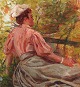 "Sommer parti med rygvendt kvinde i lyst tøj" Oliemaleri på lærred, sign. Carl Carlsen.