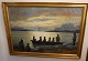 Maleri: Konebåd / Uminaq ved grønlandsk kyst. Olie på lærred 70 x 100 cm Sign. Emanuel A. Petersen.