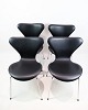 Sæt Af 4 Syverstole - Sjælden - Model 3107 - Polstreret I Sort Læder - Arne Jacobsen - Fritz Hansen - 1980erne