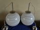 Beautiful and well-maintained pair of ceiling lamps in white glass with decorations, H about 47cm with suspension. Pickup only