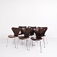 Sæt Af Seks Syverstole - Model 3107 - Syver Stol - Patineret Brunt Læder - Arne Jacobsen - Fritz Hansen