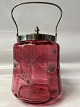 Red Glass Biscuit Bucket with Floral Motif.Height 26.5 cm.