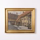 Maleri på Lærred med Motiv af Gård og Høns i Guldramme Signeret E.Schneider pseudonym for Frederiks Drews (1909-1960)