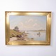 Maleri på lærred med kystmotiv og fiskere i guldramme af Kaj Drews (1884-1964)