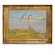 Johannes Larsen maleri. Johannes Larsen, 1867-1961, olie på lærred. Tornskader med Svanemøllen, Kerteminde, i baggrunden. Signeret 1910. Lysmål: 49x65cm. Med ramme: 68x84cm