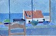 "Fra kunstnerens atelier, Bornholm" Olie maleri på lærred i sølv ramme. Maleriet er i perfekt stand.