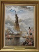 Bing & Grøndahl B&G Porcelænsbillede i guldramme: Afsløringen af Frihedsgudinden i New York. Oprindelig blev statuen kald "Frihed oplyser verden". Efter et originalt billede af Edward Moran (1829-1901) 38,5 x 30 cm Nr. 66 af 2500