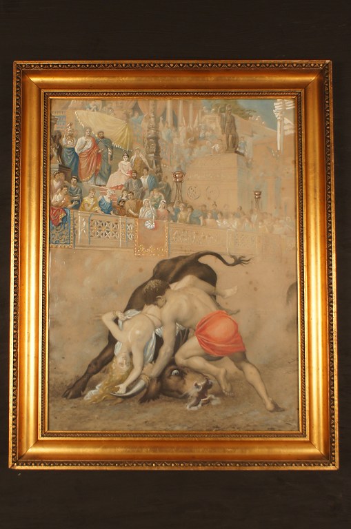 Here you are offered a mixed media on paper. Dramatic scenery from Roman arena.Unsigned, Unknown artist, c. 1900.