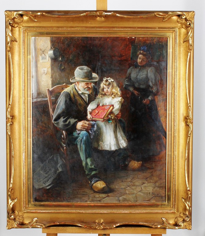 Interiør, bedstefar og pige. Olie på lærred, uidentificeret kunstner, utydeligt signeret. 1920