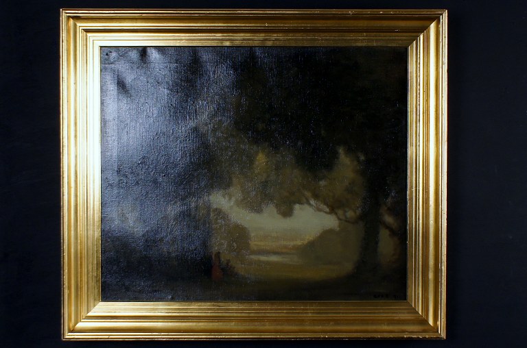 Olie på lærred, landskab med personer, antageligt fransk kunstner. Utydeligt signeret 91 (1891)