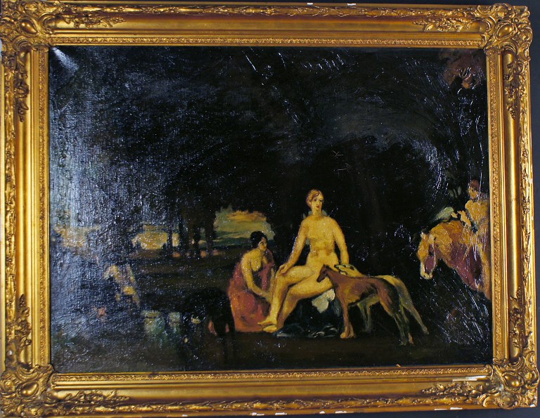 Oil on canvas, unsigned, unknown artist. Naked women in landscape. Approximately 1900.