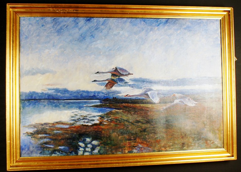 Ubekendt kunstner, Bruno Lijlefors stil. Olie på lærred.  Signeret Bruno Lijlefors 1924. Flyvende svaner i landskab.