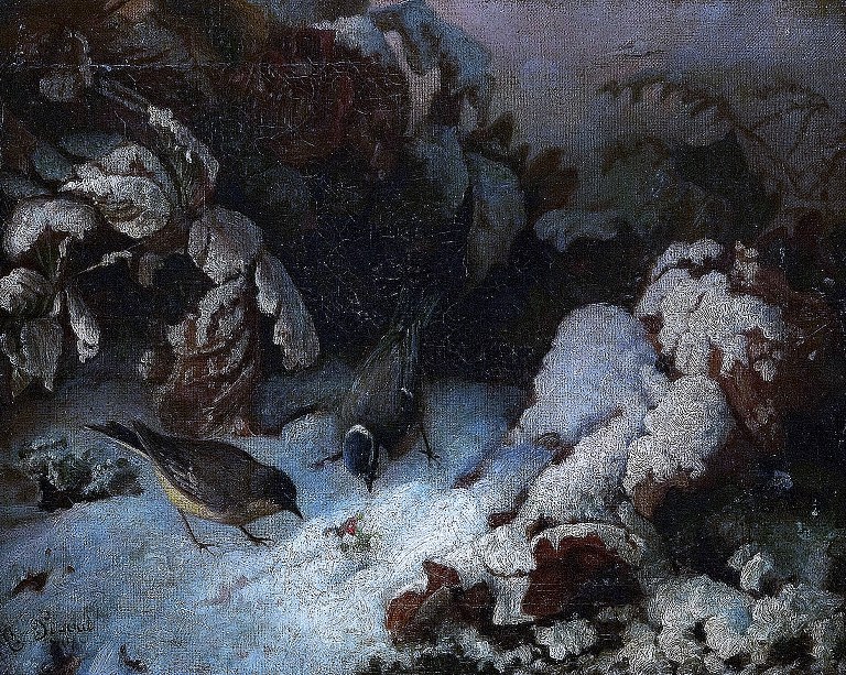 UNIDENTIFIED FRENCH ARTIST, 19 c.Winter landscape with birds.