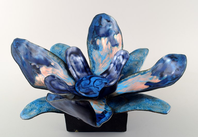 Bodil Eje (1932-2006). Unique sculpture of polychrome enameled copper plates, wooden base.