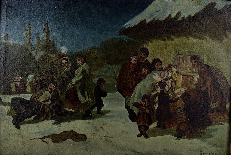 Ubekendt russisk maler, olie på lærred. 1900-tallet.Landsbyvinterstemning.