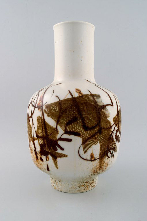 Large Royal Copenhagen / Aluminia vase by Nils Thorsson.Decorated with swimming fish.