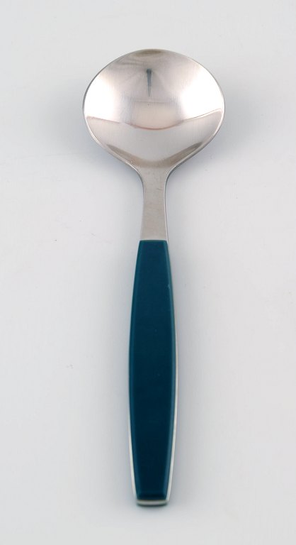 Dessertske, Henning Koppel. Strata bestik af rustfrit stål og grøn plast. Fremstillet hos Georg Jensen.