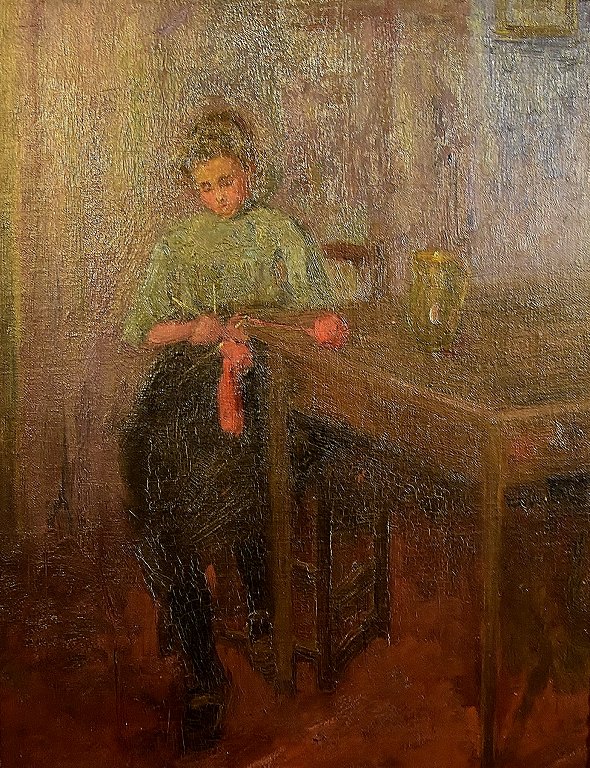 Fritz von Uhde (1848-1911) stil ca. 1900: Interiør med en strikkende pige. Olie på lærred.