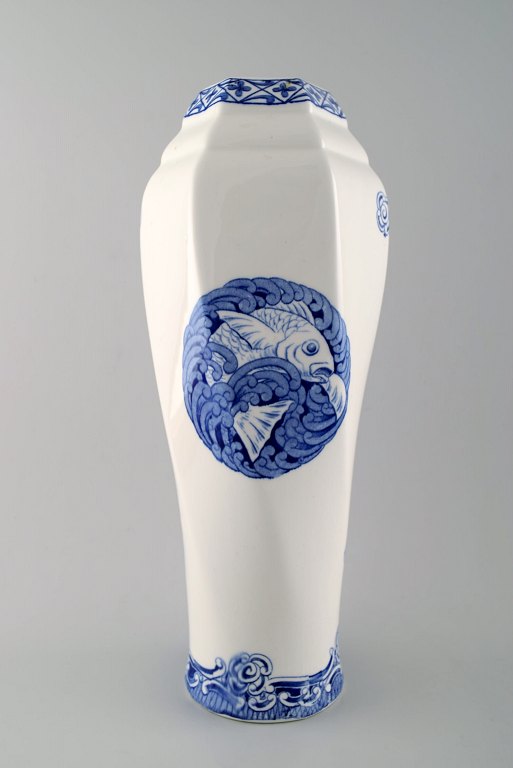Rörstrand, large vase in faience decorated with fish.