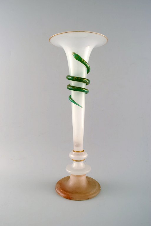 Large Art Nouveau opaline glass vase with green snake.