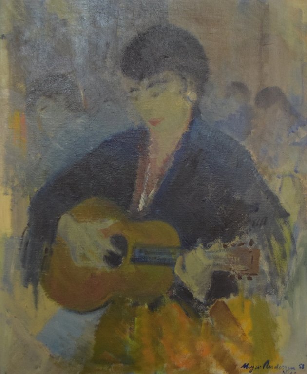 Johannes Meyer Andersen (1918-2005), motiv med gademusikant fra Nice, olie på lærred.