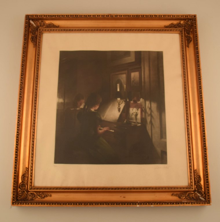 Peter Ilsted: Interior with two girls at the piano.  
