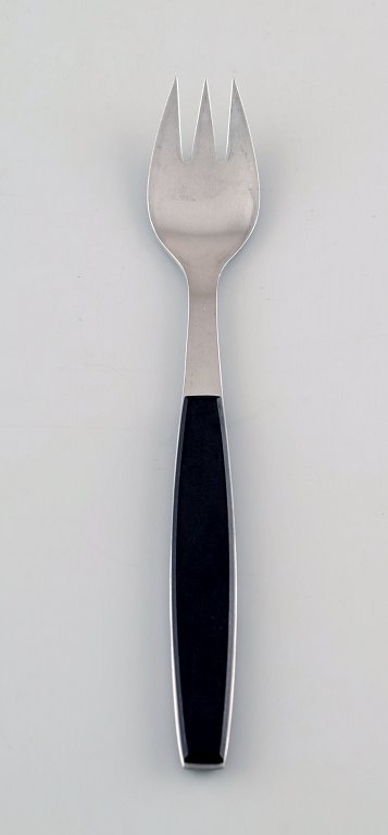 7 stk. frokostgaffel. Henning Koppel. Strata bestik af rustfrit stål og sort plast.