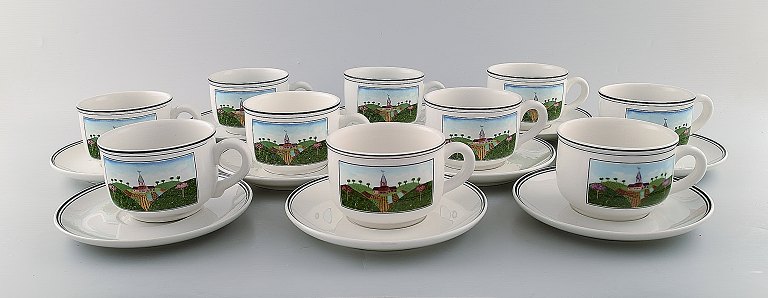 Villeroy & Boch Naif coffee service in porcelain. A set of 10 large cups with saucers decorated with naivist village motif.