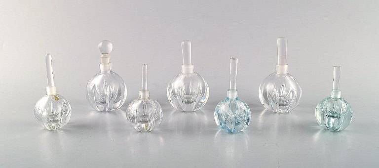Edward Hald for Orrefors. A collection of seven mouth blown art deco flacons in art glass. Designed in the 1940