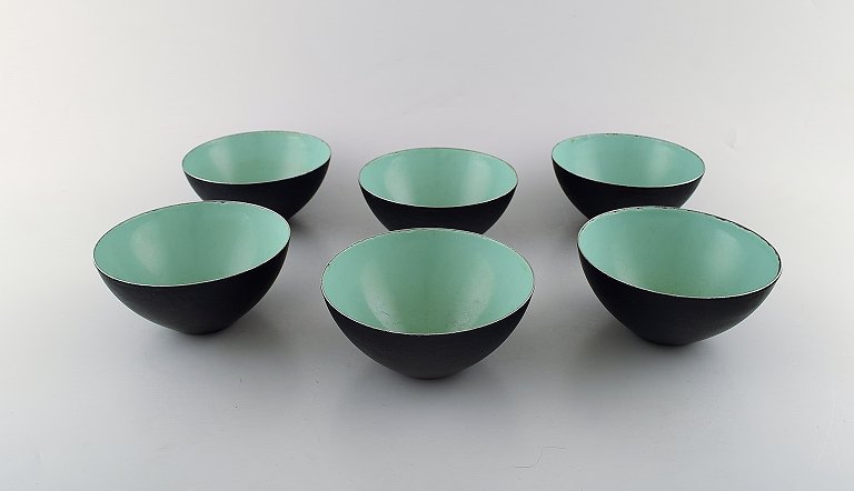 Set of six Krenit bowls by Herbert Krenchel. Black metal and mint green enamel. 1970