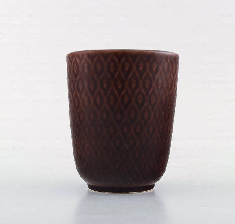 Nils Thorsson for Aluminia. "Marselis" faience vase with geometric pattern in beautiful ox blood glaze.