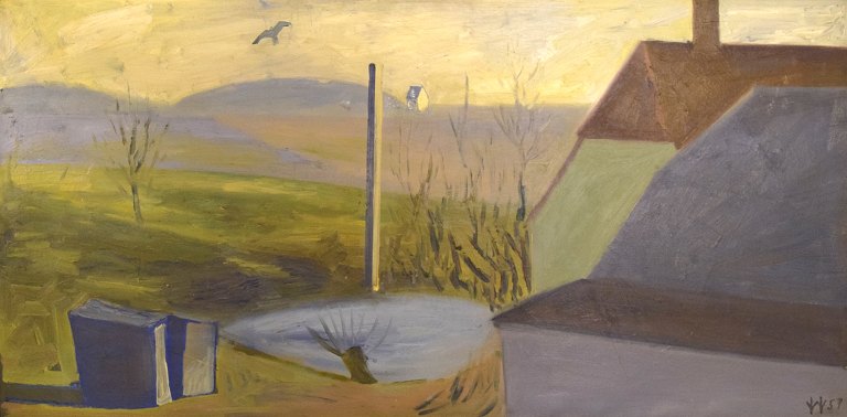 William Hansen (1908-1991), danish painter. Oil on canvas. Hilly landscape with house gable and church in the background. Dated 1957.