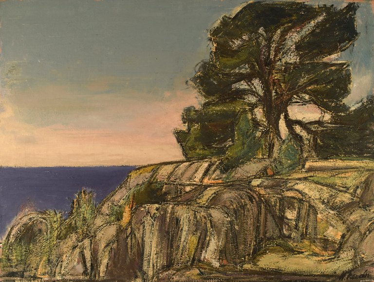 Helge Franzén (1913-2008). Swedish artist. Coastal landscape with rocks. Oil on canvas. 1960