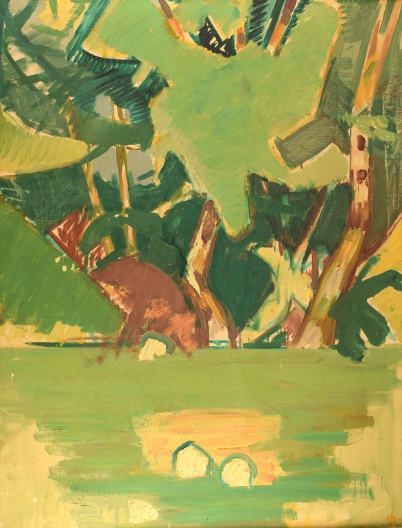 Hans Øllgaard (b. 1911, d. 1969). Abstract modernist landscape. Oil on canvas. 1950 / 60