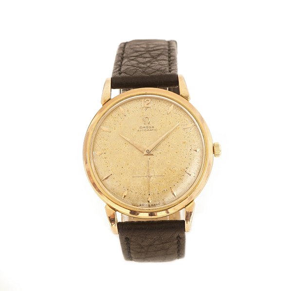 Omega armbåndsur i forgyldt kasse. Ref. 2398-1. Kal. 332. Ca. Årgang 1950. Patineret urskive. D: 35mm