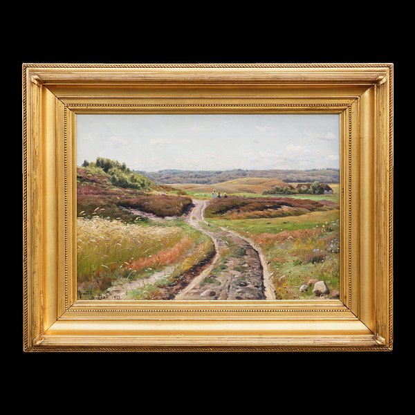 Peder Mønsted, 1859-1941, oil on canvas: Summer landscape with three children. Signed and dated 1913. Visible size: 36x50cm. With frame: 55x69cm
