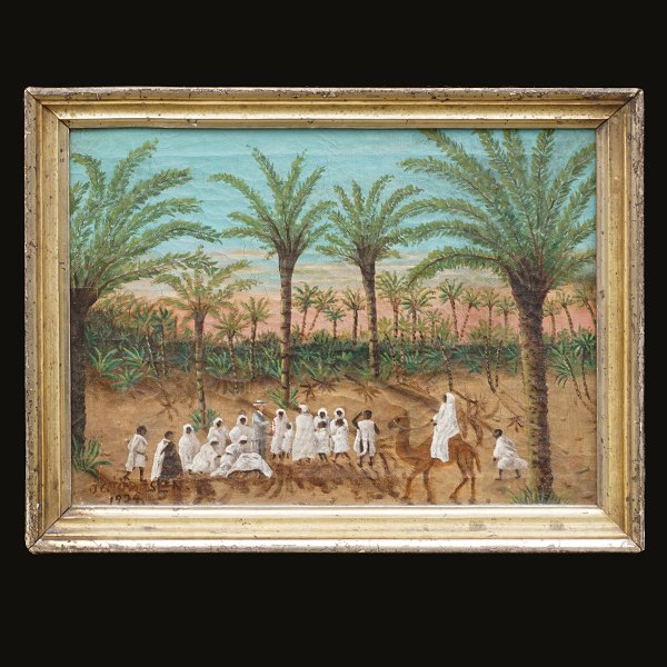 "J. Giödesen 1924": Landscape with persons and palms. Signed. Oil on canvas. Visible size: 23x31cm. With frame: 28x36cm