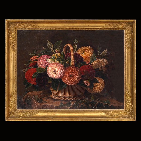 Unknown artist: Stilleben with flowers. Oil on canvas. Denmark circa 1840. Visible size: 42x56cm. With frame: 53x67cm