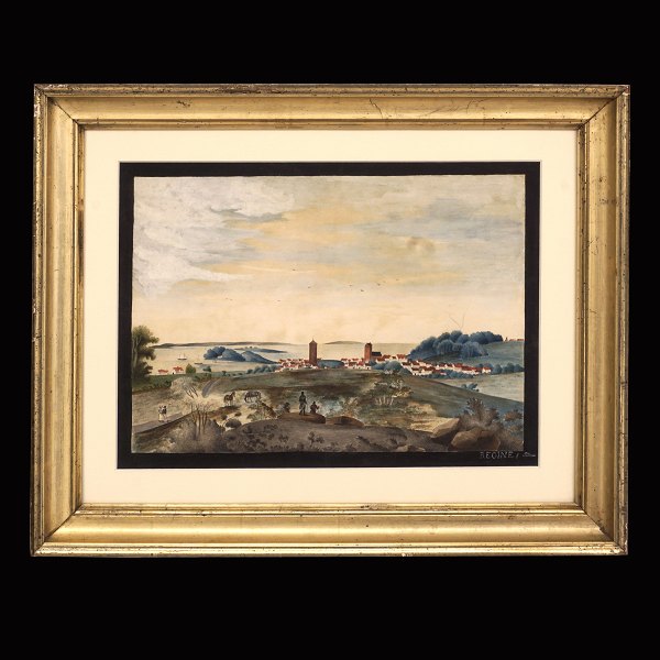 Prospekt visende Vordingborg, akvarel. Signeret "Regine Petrea". Lysmål: 29x40cm. Med ramme: 44x55cm