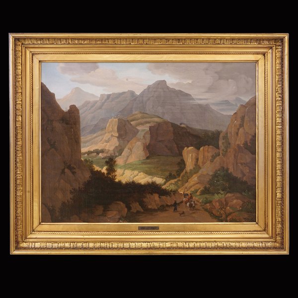 J. P. Møller, 1783-1854: Landscape with persons. Oil on canvas. Signed. Visible size: 48x63cm. With frame: 64x79cm